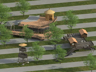 Road Facilities With Wooden Pavilions Observation Towers And Footbridges In Green Area 3d model