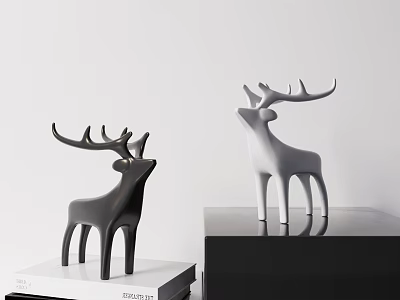 Black And White Deer Sculptures Displayed On Shelves Against White Background 3d model