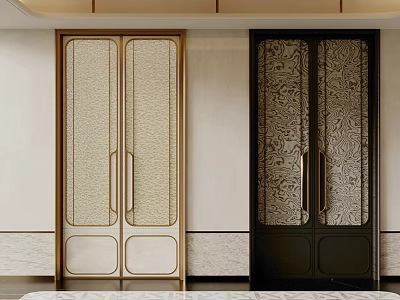 Modern Double Doors with Gold Black Frames and Textured Patterned Glass Interior 3d model