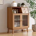 Rustic Wooden Sideboard with Glass Doors Woven Texture Drawers and Potted Plant