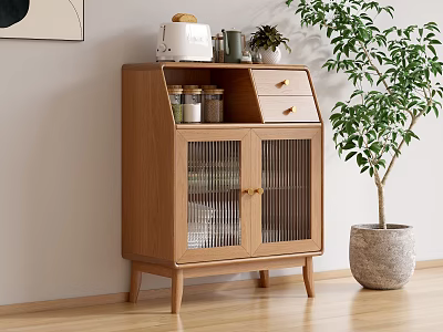 Rustic Wooden Sideboard with Glass Doors Woven Texture Drawers and Potted Plant 3d model