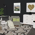 Checkered Double Sofa With Green Cushions In Living Room With Dark Wall And Wall Art