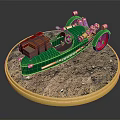 Green Vintage Car With Red Wheels Gold Accents Brown Box On Gold Base With Soil