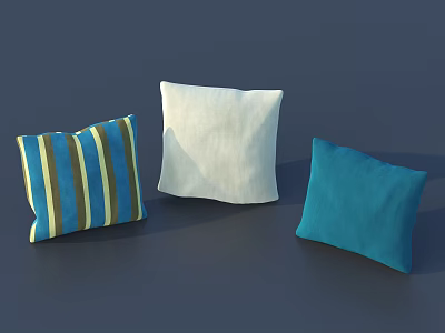 Three Decorative Pillows Featuring Blue Yellow Striped White And Solid Blue Designs For Home Decoration 3d model