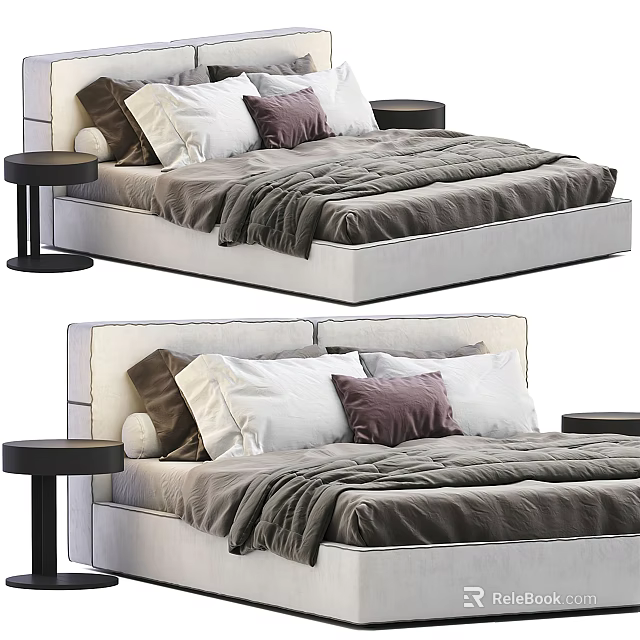 Modern Double Bed Interior With Soft Pillows Warm Blanket And Nightstands 3d model 