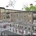 Vibrant Commercial Street With Pedestrians Shops Modern Buildings And Outdoor Seating