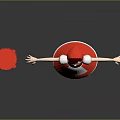 Red Hooded Character in Red Dress Stretching Arms with Red Disc on Gray Background