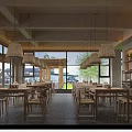 Warm Restaurant Interior With Wooden Tables Chairs Woven Pendant Lights And Large Windows