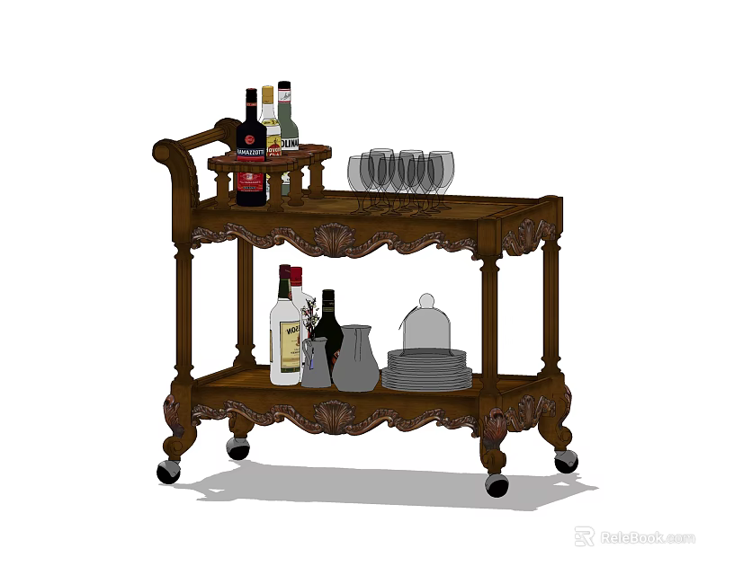 Vintage Wooden Bar Cart with Wine Bottles Glasses and Decorative Wheels 3d model 