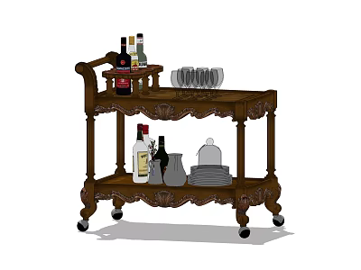 Vintage Wooden Bar Cart with Wine Bottles Glasses and Decorative Wheels 3d model