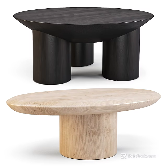 Modern Black And Light Wooden Tables With Round Tabletop And Cylindrical Legs 3d model 