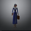 Vintage Female Character In Blue Long Dress With Hat And Brown Briefcase