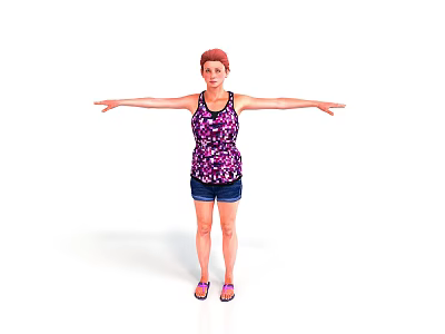 Woman With Arms Outstretched Wearing Purple Floral Tank Top Blue Shorts And Purple Sandals 3d model