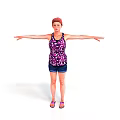 Woman With Arms Outstretched Wearing Purple Floral Tank Top Blue Shorts And Purple Sandals