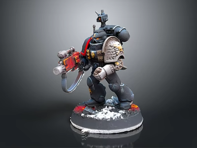 Game Movie Character Armored Warrior with Heavy Weapon Dark Armor Helmet and Snow Flames Base 3d model