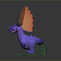 Vibrant Fantasy Purple Creature Character With Orange Blue Wings On Green Plant Base