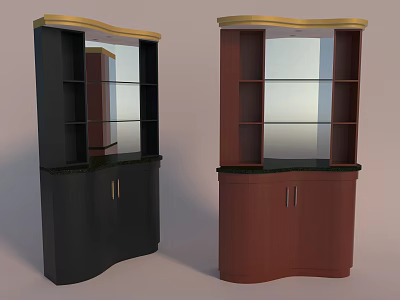 Black and Brown Wine Cabinets With Golden Top Trim Glass Doors and Black Countertop 3d model