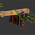 Vintage Military Cannon With Black Barrel Orange Carriage And Wheels
