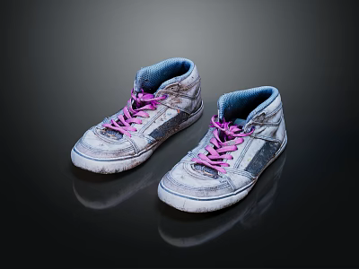 High Top Shoes With Pink Laces Silver Gray Upper Distressed Design And White Sole 3d model