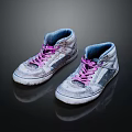 High Top Shoes With Pink Laces Silver Gray Upper Distressed Design And White Sole