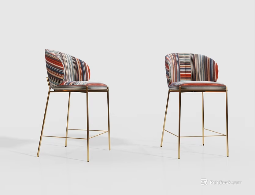 Modern Colorful Striped Upholstered Bar Stools With Golden Metal Legs Contemporary Design 3d model 