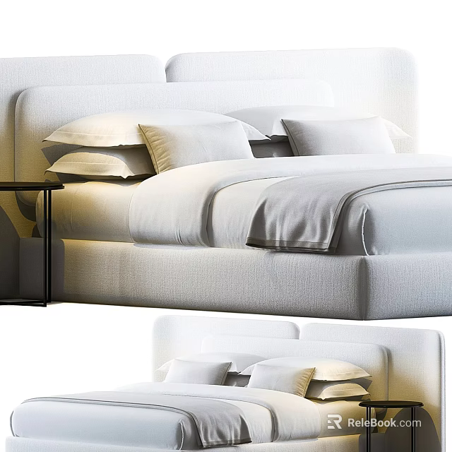 Modern Double Bed Design With Soft Mattress White Pillows And Nightstand 3d model 