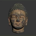 Antique Buddha Head Sculpture With Beaded Ushnisha And Serene Bronze Face