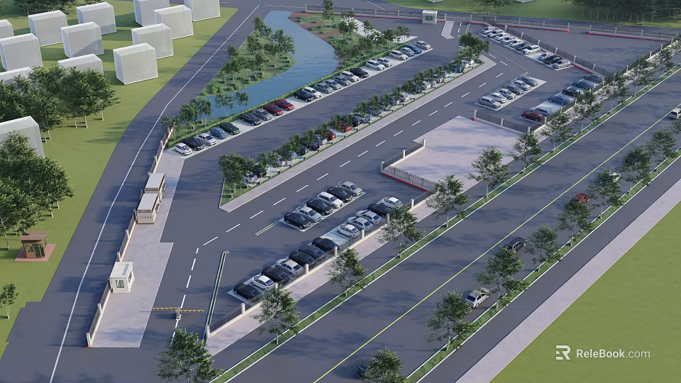Aerial View Of Landscaped Parking Lot With Parked Vehicles Trees And Road Design 3d model 