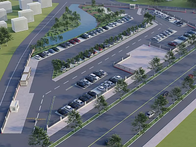 Aerial View Of Landscaped Parking Lot With Parked Vehicles Trees And Road Design 3d model