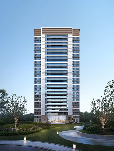 Modern High Rise Residential Building with Glass Curtain Walls Surrounded by Trees and Greenery 3d model