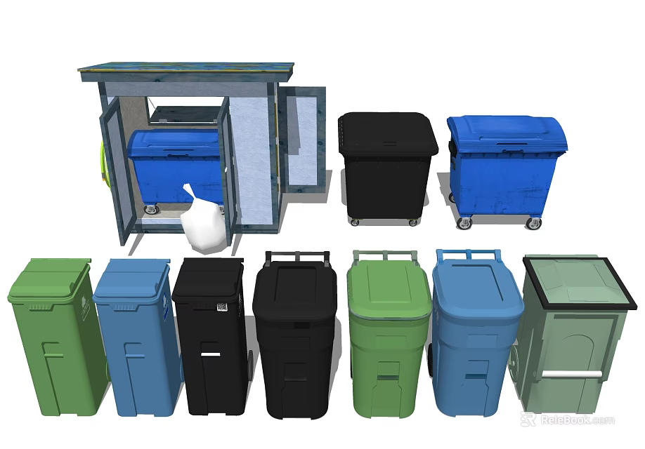 Different Colored Trash Bins With Wheels And Covered Shelter Designs For Waste 3d model 