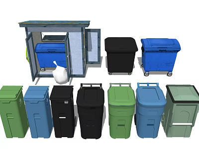Different Colored Trash Bins With Wheels And Covered Shelter Designs For Waste 3d model