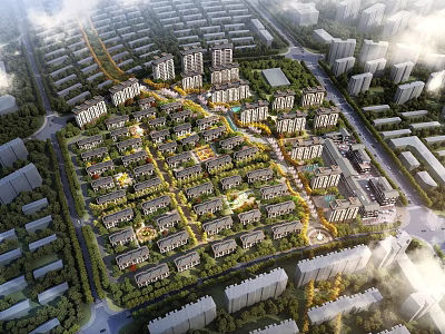 Aerial View Residential Area Planning With Green Spaces And Road Network 3d model