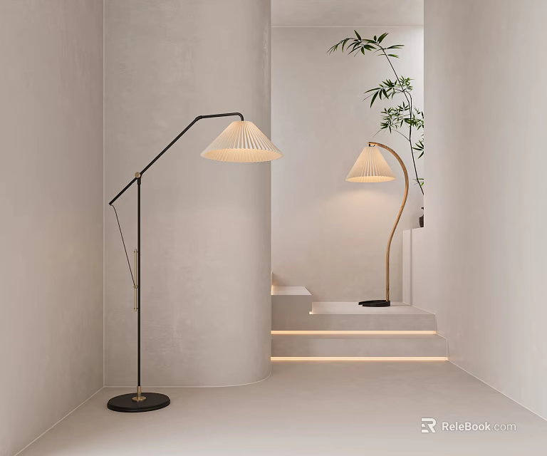 Modern Arc Floor Lamps with Neutral Lampshade in Minimalist Interior with Bamboo and Ambient Light 3d model 