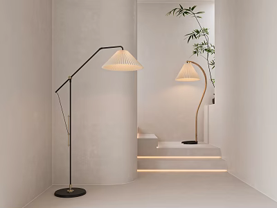 Modern Arc Floor Lamps with Neutral Lampshade in Minimalist Interior with Bamboo and Ambient Light 3d model