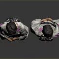 Women Wearing Traditional Kimono With Pink Floral Pattern And Black Obi Front Back View