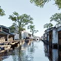 Ancient Architecture In Scenic Water Town With Traditional Buildings Stone Bridge And Old Trees