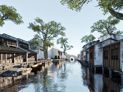 Ancient Architecture In Scenic Water Town With Traditional Buildings Stone Bridge And Old Trees 3d model