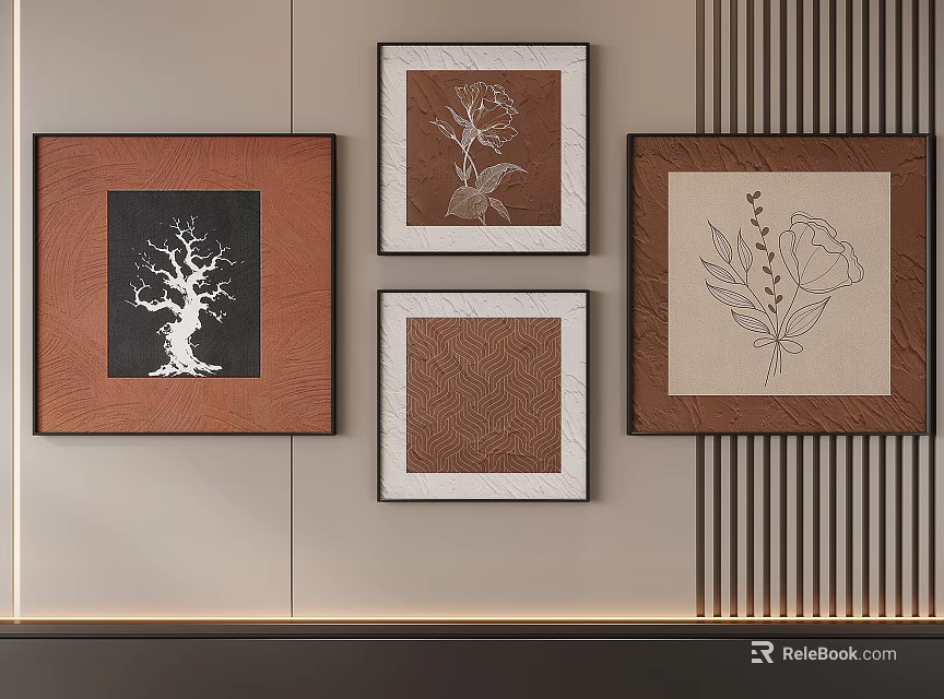 Abstract Paintings Wall Decor Framed Art Tree Leaf Flower Patterns Brown White Frames 3d model