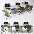Modern Office Desks With Computers Keyboards Mice And Yellow Rolling Chairs 3d model