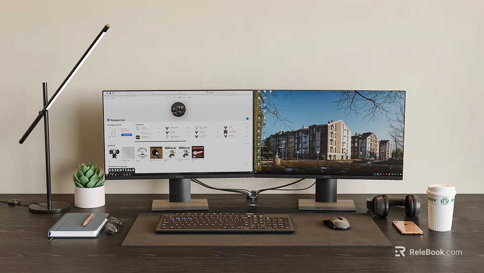Dual Monitor Computer Workspace Setup With Keyboard Mouse Headphones And Potted Plant 3d model 