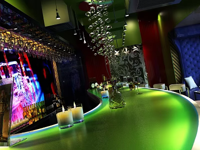 Contemporary Bar Interior With Green Counter Modern Lighting Wine Glasses And Decorative Seating 3d model