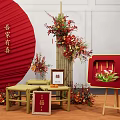 Chinese Traditional Decor Table Featuring Red Elements Plaque Fruits And Tea Sets 3d model