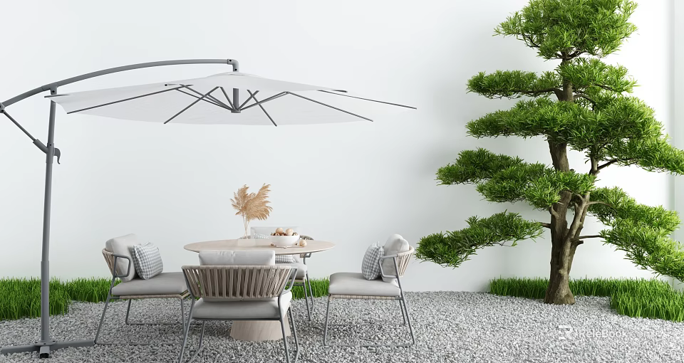 Outdoor Landscape Seating Design With Large Umbrella Round Table And Pine Tree Decor 3d model