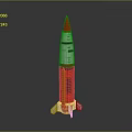 Red White And Orange Rocket Model With Pointed Nose And Tail Fins