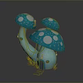 Cute Blue Mushroom House With White Spots Windows Door And Grass Pathway