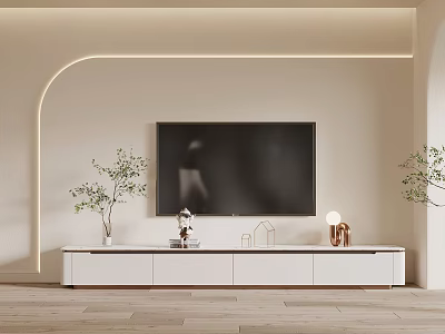 Modern White TV Stand With Wall Mounted TV Green Plants And Decorative Items 3d model