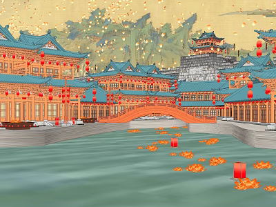Ancient Architecture With Blue Roofs Red Lanterns Bridge Over Water Surface And Lotus Lanterns 3d model
