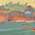 Ancient Architecture With Blue Roofs Red Lanterns Bridge Over Water Surface And Lotus Lanterns