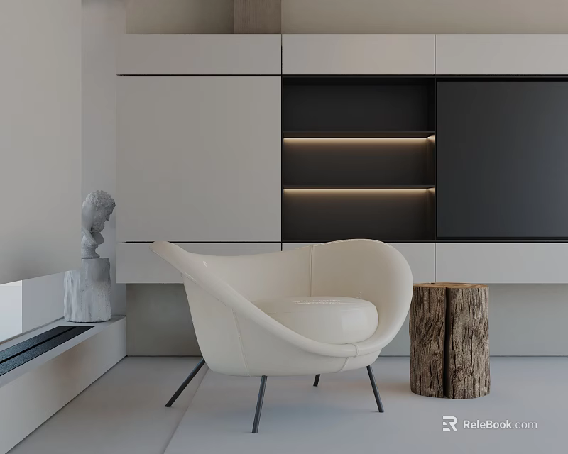 White Modern Accent Chair With Wooden Stump Side Table And Modern Interior Lit Shelves 3d model 